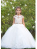 Cap Sleeves Ivory Lace Tulle Flower Girl Dress With Crystals Sash
